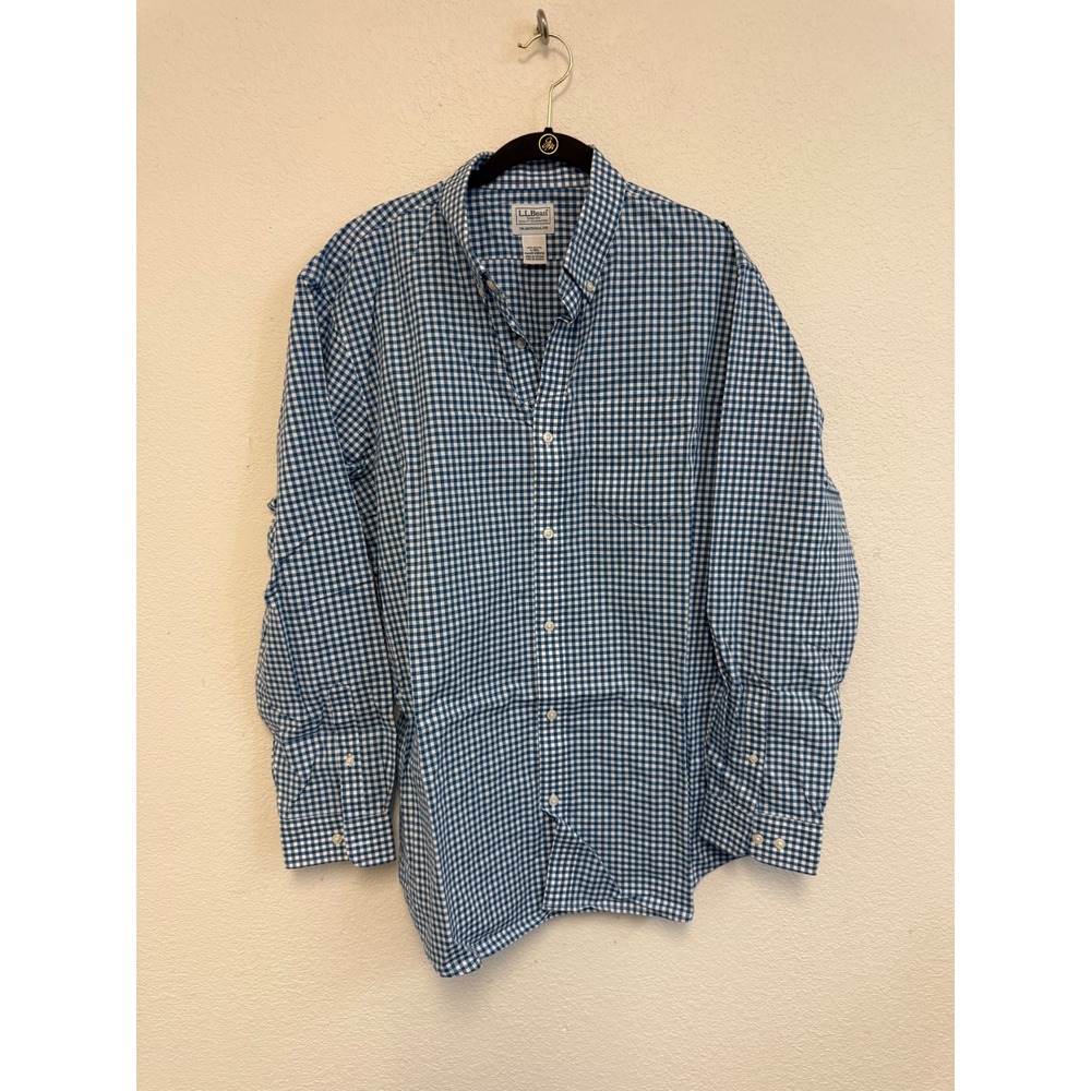 LL Bean Mens Blue Gingham Button Down Shirt Traditional Fit 100% Cotton L-REG